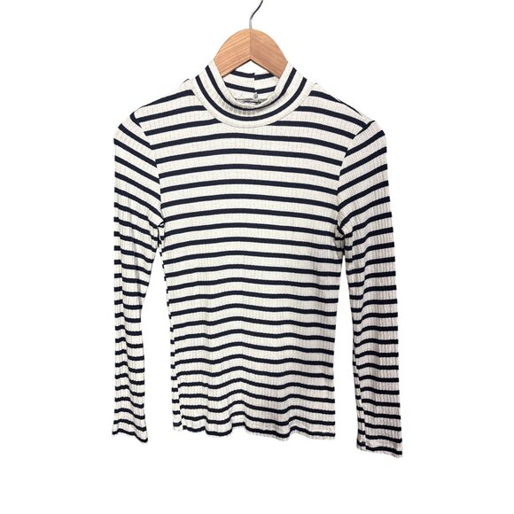 Frame Womens 70s Striped Ribbed Long Sleeve Mock Neck Top White & Navy M - Picture 1 of 4